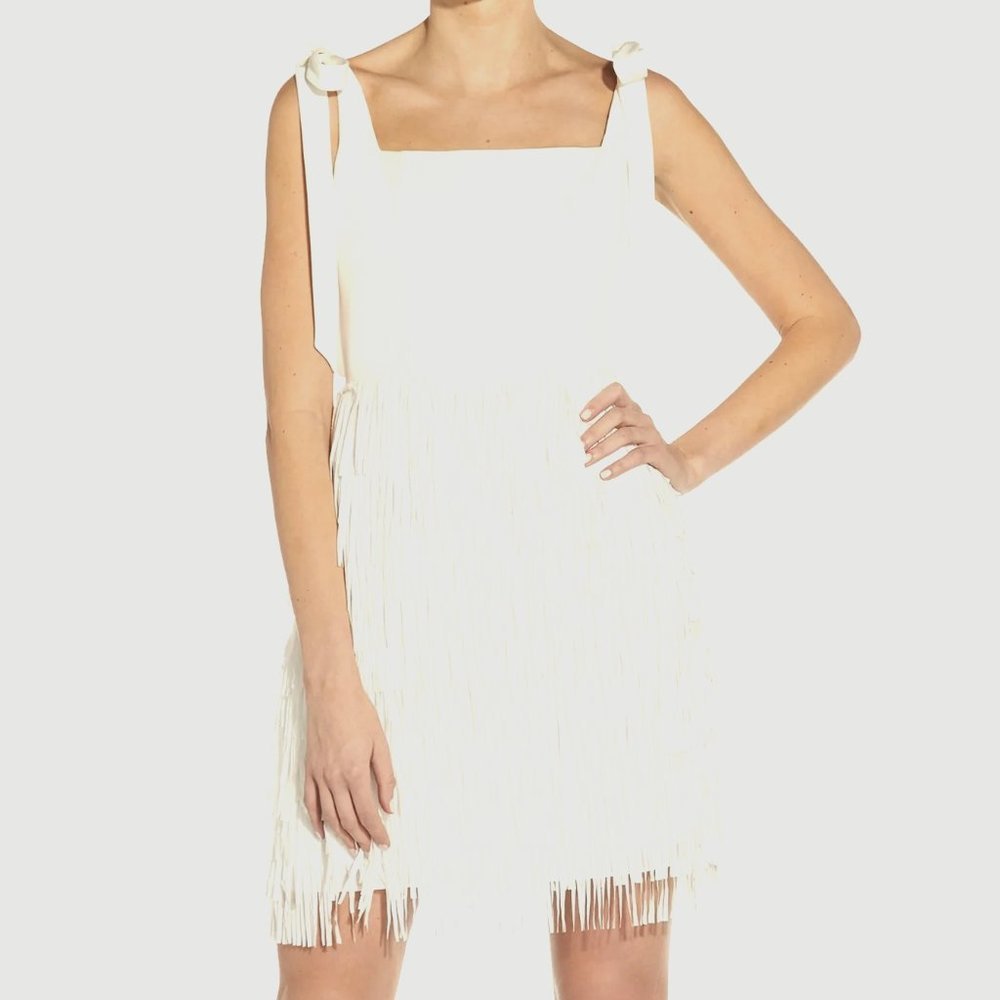 Fringe AND CREPE COCKTAIL DRESS WITH BOWS IN IVORY